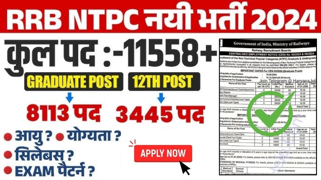 RRB NTPC Vacancy: रेलवे एनटीपीसी भर्ती का 11558 पदों पर 12वी पास के लिए नोटिफिकेशन जारी