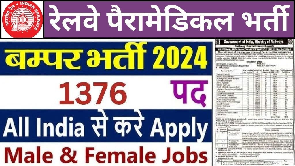 Railway Paramedical Recruitment : भारतीय रेलवे मे पैरामेडिकल के 1376 पदों पर निकली भर्ती, 16 सितंबर है अंतिम तिथि