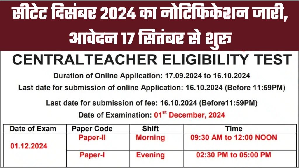 CTET December Notification Out: सीटेट दिसंबर 2024 का नोटिफिकेशन जारी, आवेदन 17 सितंबर से शुरू