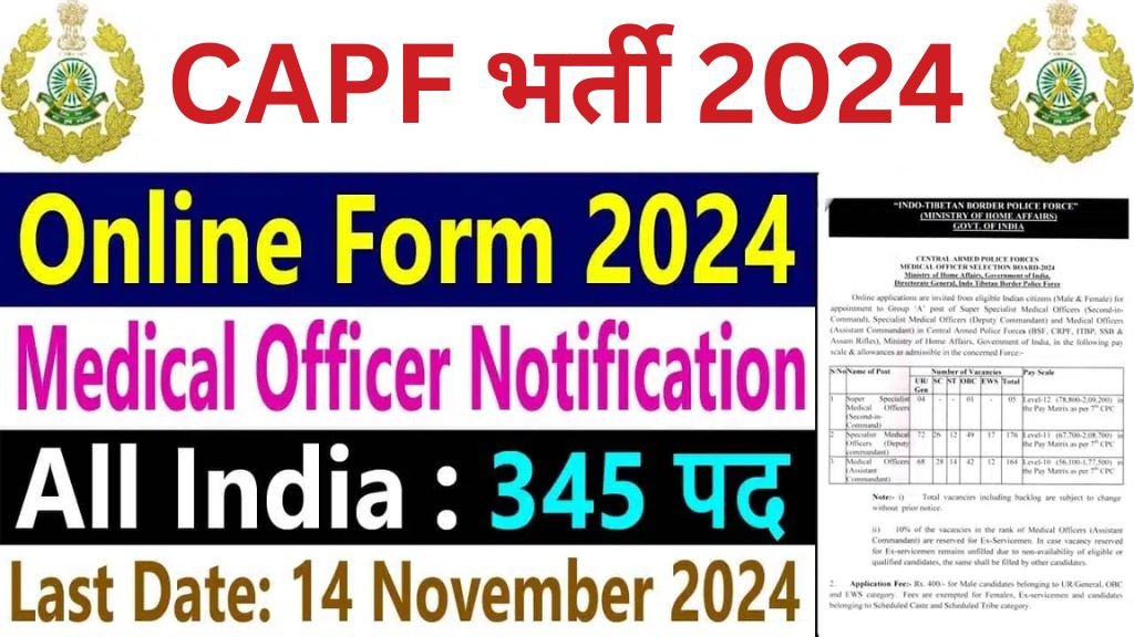 CAPF Medical Officer Vacancy: सेंट्रल आर्म्ड पुलिस फोर्स में मेडिकल ऑफिसर के 345 पदों पर भर्ती का नोटिफिकेशन जारी